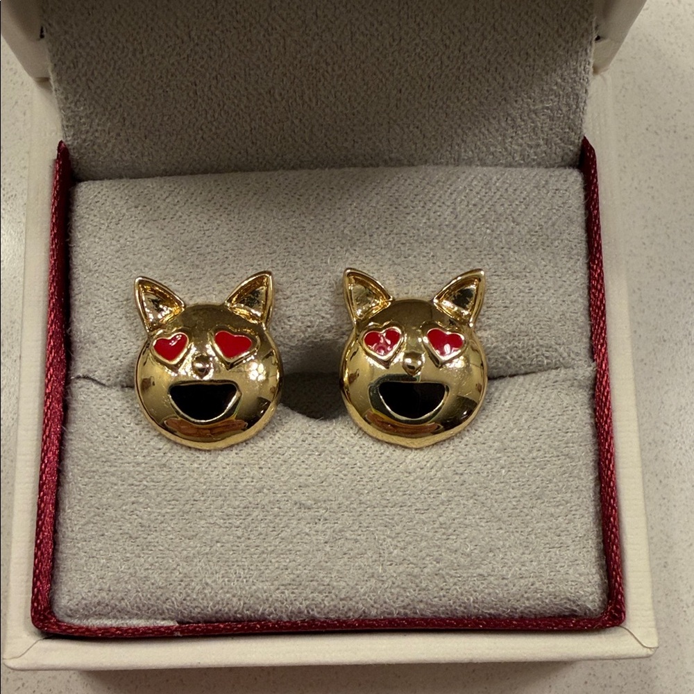 Gold Cat Face Earrings with Red Heart Eyes